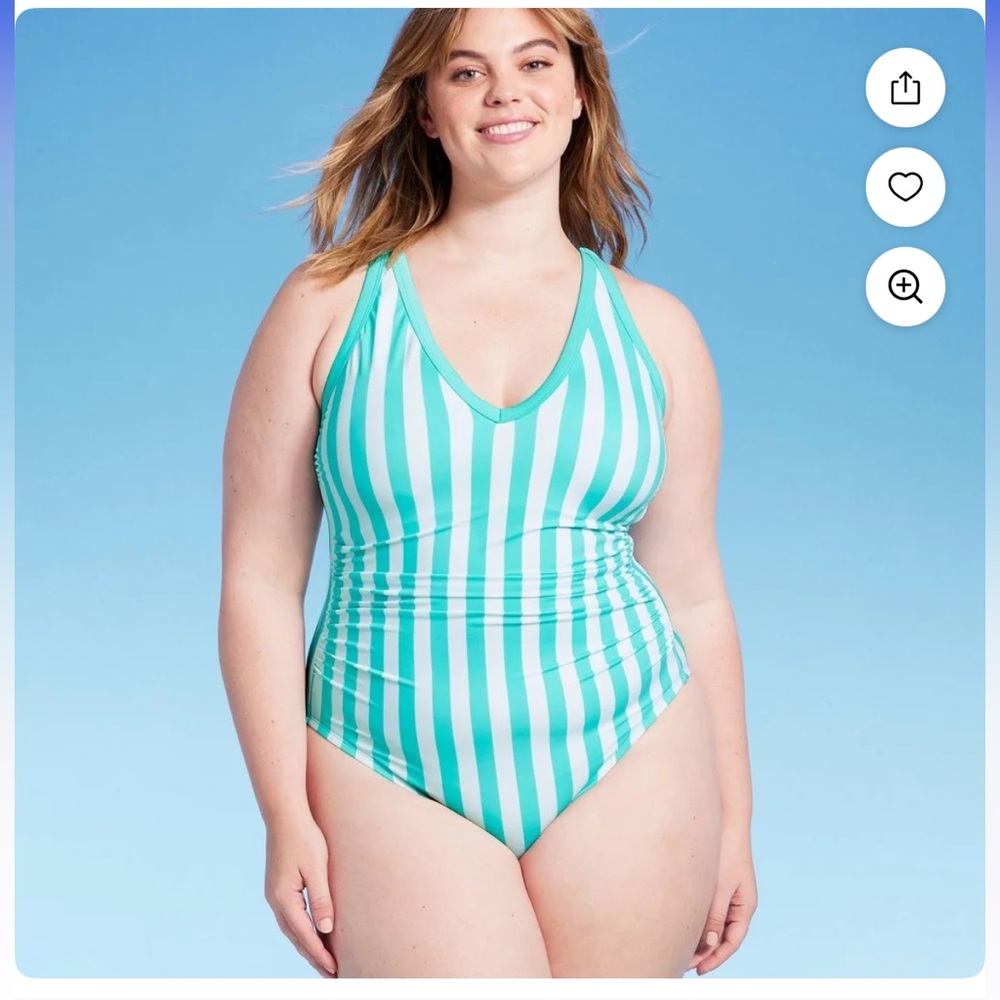 NWT Kona Sol women’s one piece vertical stripes turquoise and white